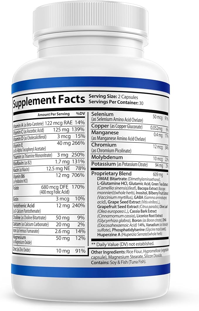 Nootropics and Cognitive Support for Brain Health Enhancer Vegan Supplement - Mental Focus Memory Supplement, Performance Blend, w/Energy and Vitamins DMAE Bacopa Phosphatidylserine Capsules