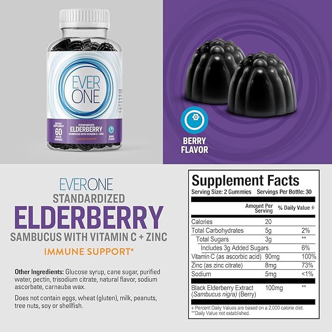 Sambucus Elderberry Gummies for Adults with Vitamin C and Zinc- Immune Support Supplement - Vegan, Gelatin Free, Gluten Free, GMO Free- Delicious Berry Flavored, Black Elderberry Immune Gummy Vitamins
