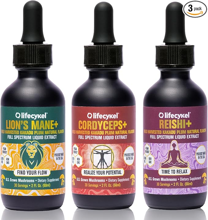 Lifecykel Professional Athletes Pack - Reishi, Lions Mane & Cordyceps Mushroom Extract- Full-Spectrum Mushroom Tincture for Energy, Focus and Immune Health- Vegan, Non-GMO Formula