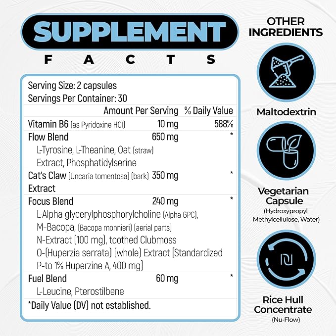 AI Brain Nootropic Supplement for Focus, Memory & Mental Clarity Improvement Capsules for Men & Women, Caffeine-Free Daily Cognitive Support with Bacopa, Alpha GPC & Vitamin B6, 60 Vegetarian Capsules