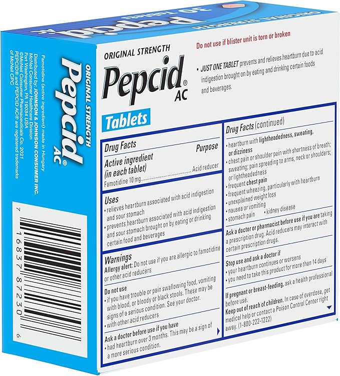 Pepcid AC Original Strength Heartburn Relief Tablets, OTC Medicine Prevents & Relieves Heartburn Due to Acid Indigestion & Sour Stomach, 10mg Famotidine Acid Reducer, Fast-Acting, 30 ct