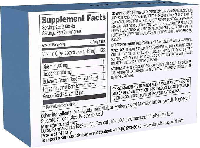 Dulàc - Diosmin 500 Hemorrhoid and Leg Vein Supplement 120 Tablets, Diosmin, Horse Chestnut Extract, Butchers Broom, Hesperidin for Circulation, Made in Italy