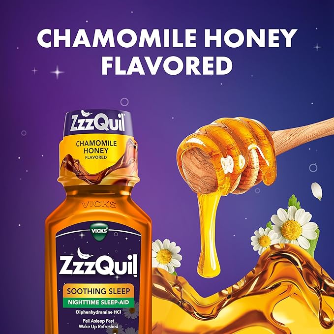 ZzzQuil Liquid Sleep Aid, Soothing Sleep, Diphenhydramine 50mg HCl, Chamomile Honey Flavored, Nighttime Sleep Aid Liquid, Sleep Aids for Adults, 2 Pack, 24 FL OZ