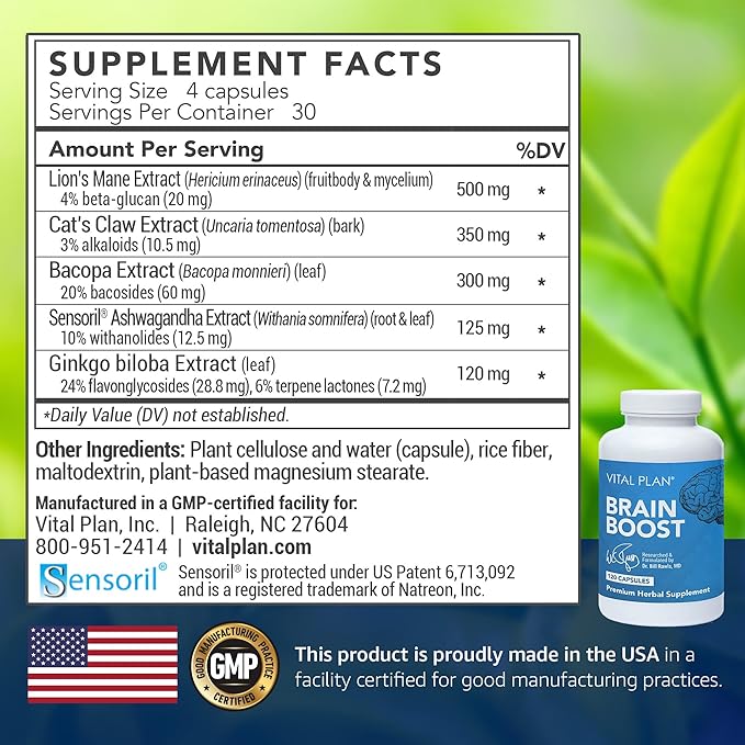 Brain Boost Supplement by Dr. Bill Rawls – Brain Boosting Capsules w/Lion’s Mane, Cat’s Claw, Bacopa, Sensoril Ashwagandha & Ginkgo Biloba