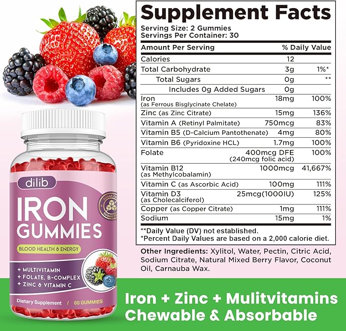 Iron Gummies with Multivitamin, Iron Supplement for Women & Men with Zinc, Vitamin B Complex & C, B12, Folate - Blood Builder & Energy Support for Adults & Kids - Mixed Berry Flavor, Vegan 60 Gummies