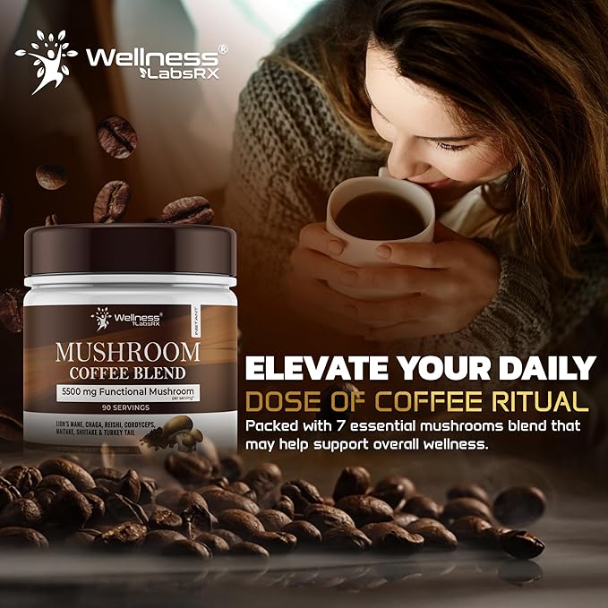 Mushroom Coffee, 90 Servings Organic Mushrooms Instant Coffea, Great Tasting Colombian Keto Coffee, 7 Superfood Mishrooms Lions Mane, Chaga, Reishi, Cordyceps, Maitake, Shiitake, and Turkey Tail