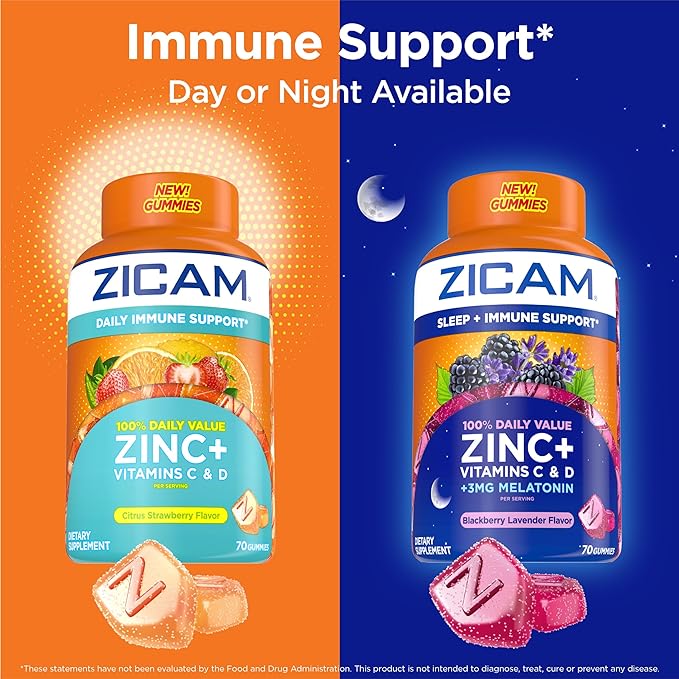 Zicam Daily Immune Support, Gummy Supplement, Zinc, Vitamin C and Vitamin D, Citrus Strawberry Flavor, 70 Count