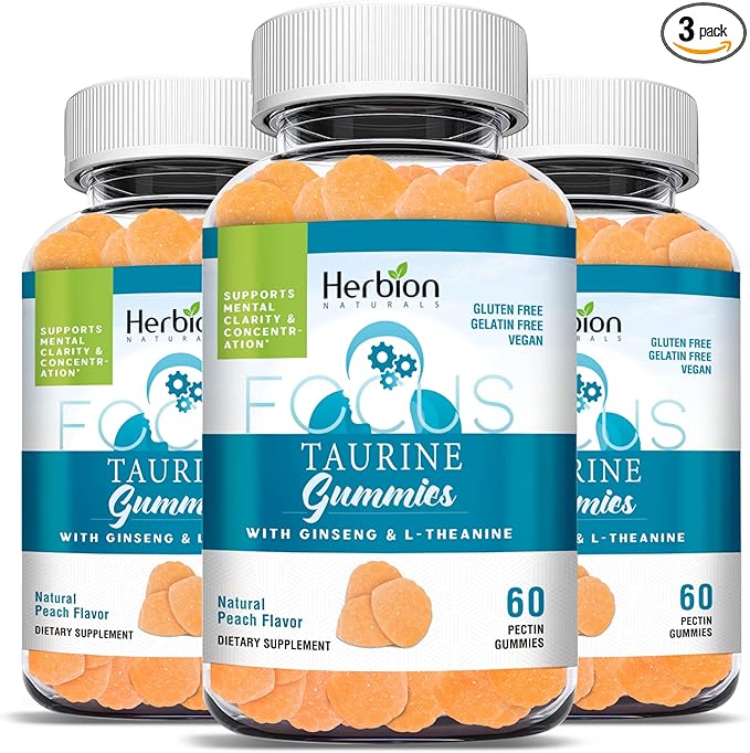 HERBION Naturals Taurine Gummies with Ginseng, L-Theanine, Vitamin C, B3, B6, & B12, Support Mental Clarity & Concentration*, Natural Peach Flavor, Gluten-Free, USA Made, 180 Count (Pack of 3)