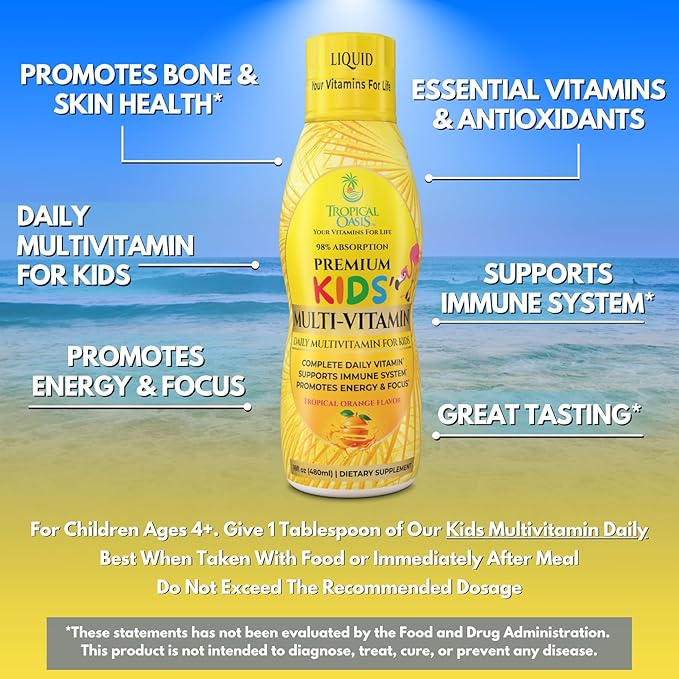 Premium Liquid Multivitamin For Kids | Sugar Free Kids Vitamins | 100% DV of 14 Vitamins for Kids | Multivitamin for Children Ages 4+ | Great Tasting, Non-GMO, Max 98% Absorption Rate- 16 oz, 32 Serv