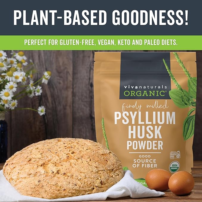 Viva Naturals Organic Psyllium Husk Powder, 10 oz - Finely Ground, Unflavored Plant Based Superfood - Good Source of Fiber for Gluten-Free Baking, Juices & Smoothies - Certified Vegan, Keto and Paleo