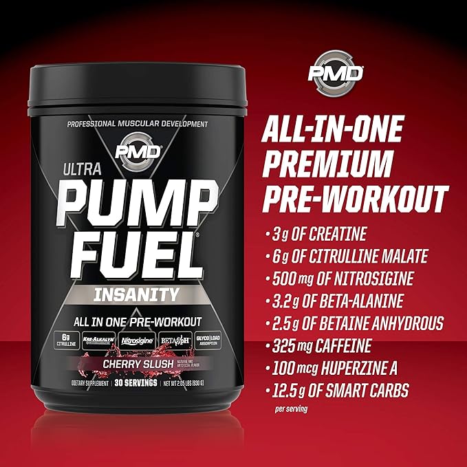 PMD Sports Ultra Pump Fuel Insanity - Pre Workout – Cherry Slush (30 Servings) Sports Omega Cuts Elite Thermogenic Fat Burner (90 Softgels)