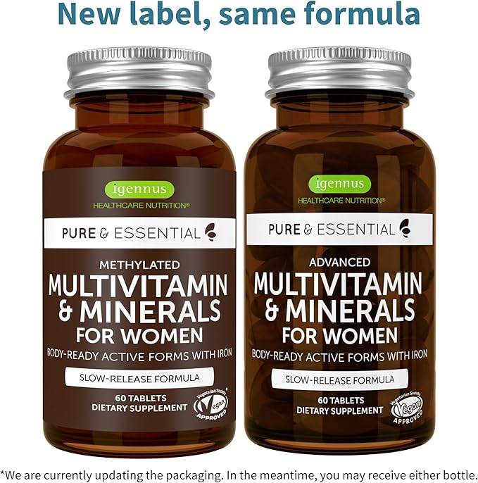 Igennus Methylated Women's Multivitamin, 21 Highly Bioavailable Nutrients, Clean Label & Sustained Release, Active B-Vitamins and Gentle Iron, Easy-to-Swallow, 60 Vegan Tablets, 30 Servings
