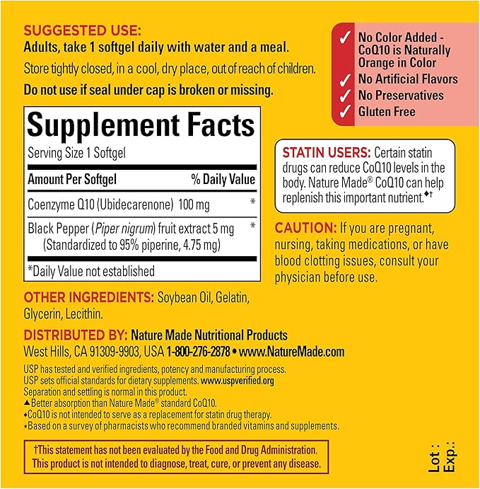 Nature Made CoQ10 100mg with Black Pepper Extract for Enhanced Nutrient Absorption, Dietary Supplement for Heart Health Support, 30 Softgels, 30 Day Supply