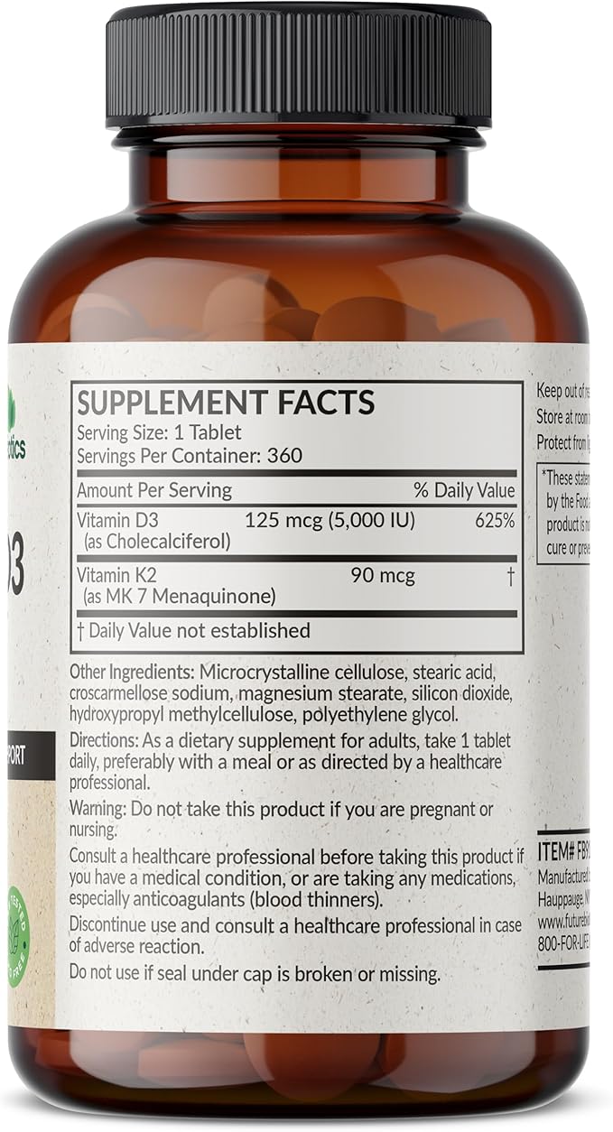 Futurebiotics Vitamin K2 with D3, 2 in 1 Support, 5000 IU Vitamin D3 & 90 mcg Vitamin K2 MK-7 Non-GMO, 360 Tablets