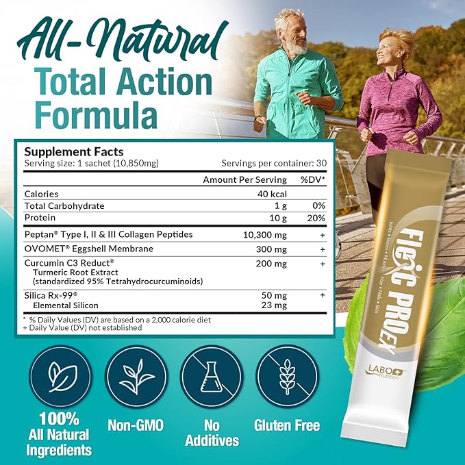 LABO Nutrition FlexC PRO EX, Full Spectrum Collagen, Type I, II, III, V & X, Peptan Collagen, Eggshell Membrane, Water Soluble Silica & Curcumin C3 Reduct, For Hair, Skin, Nails, Joint, Bones, Muscles