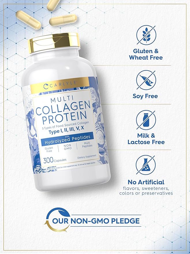 Carlyle Multi Collagen Protein Capsules 2000mg | 300 Count | Type I, II, III, V, X | Collagen Peptide Pills | Keto & Paleo Friendly, Gluten Free, Non-GMO Supplement