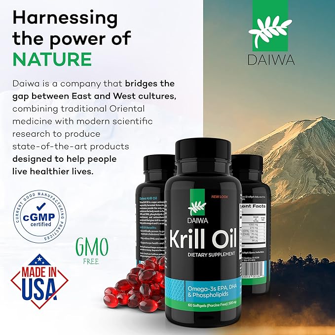 Daiwa Krill Oil 1000mg Softgels - EPA DHA Krill Oil Omega 3 6 9 with Astaxanthin for Joint, Brain and Heart Health - Antarctic Krill Oil Supplement - 60/ct