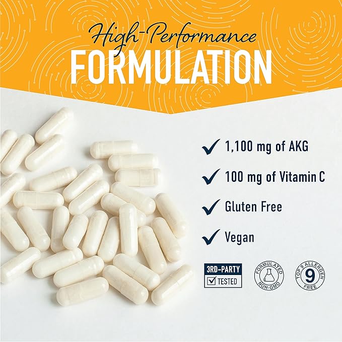 AKG Supplement | 1,100MG Per Serving | 180 Capsules | Alpha Ketoglutarate With Calcium + Vitamin C | For Healthy Aging, Longevity, Energy, and Focus | Vegan, Gluten-Free, Non-GMO, Third-Party Tested