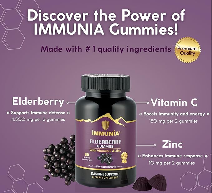 Immunia Elderberry Gummies. for Optimal Immune Support. Highly Concentrated of Elderberry (4,500 mg/2 Gummies). with Vitamin C & Zinc. Antioxidant. Gelatin-Free. Delicious. 60 Gummies