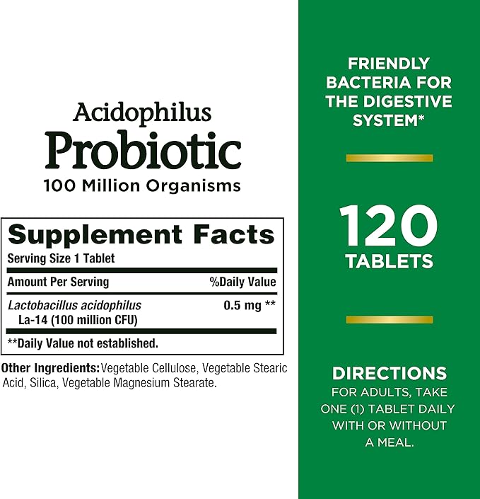 Nature's Bounty Lactobacillus Acidophilus Probiotic Supplement - Daily Probiotic for Women/Men Digestive Health, 120 Tablets