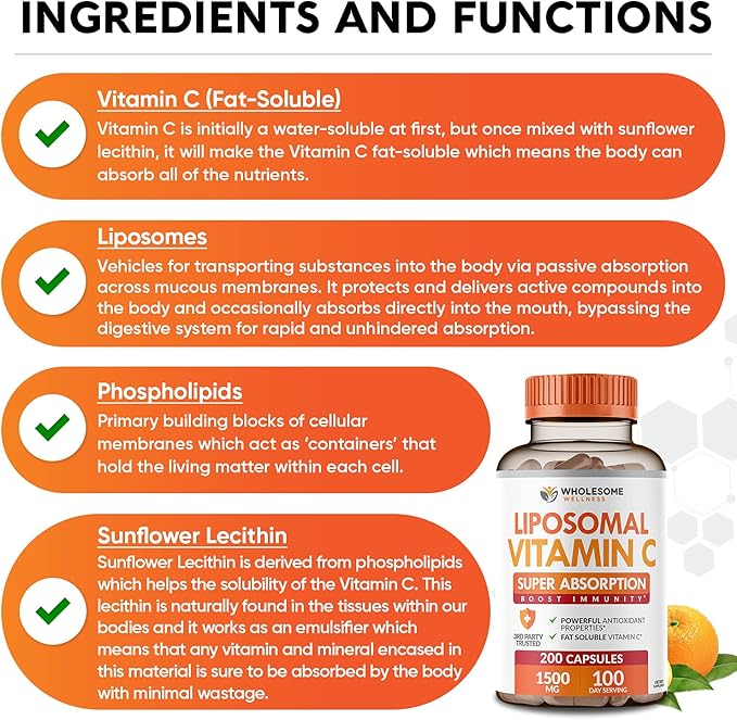 Wholesome Wellness Liposomal Vitamin C Capsules (200 Pills 1500mg Buffered) High Absorption, Immune System & Collagen Booster, High Dose Fat Soluble Immunity Support Ascorbic Acid, Natural Vegan