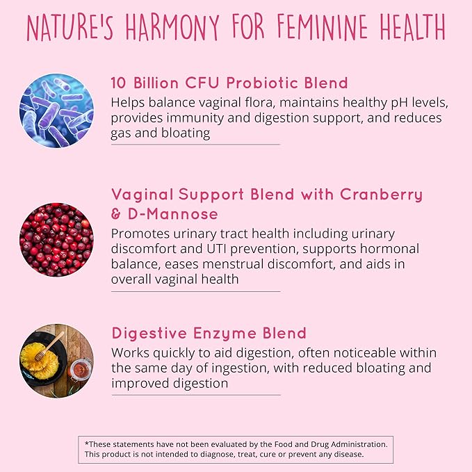 Vaginal Probiotics for Women - ph Balance for Women | Cranberry & D-Mannose | 10 Strains | BV, Yeast, Flora & Odor Control | Female Urinary Tract, Gut & Digestive Health Support Pills, 60 Ct