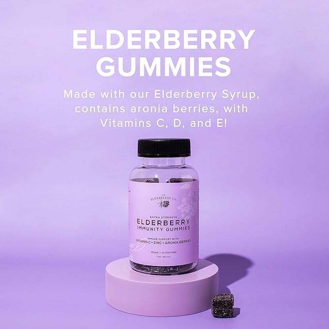 Extra Strength Elderberry Gummies + Aronia Berries with Vitamins C, D,E and Zinc for All-Natural Immune Support, No Artificial Ingredients (60 Count)