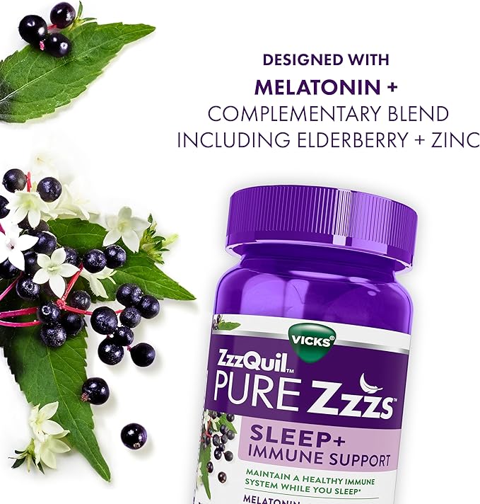 ZzzQuil Pure Zzzs Sleep + Immune Support Melatonin Sleep Aid Gummies with Elderberry, Zinc, Chamomile, Lavender, & Valerian Root, 1mg per Gummy, 60 ct (Pack of 2)