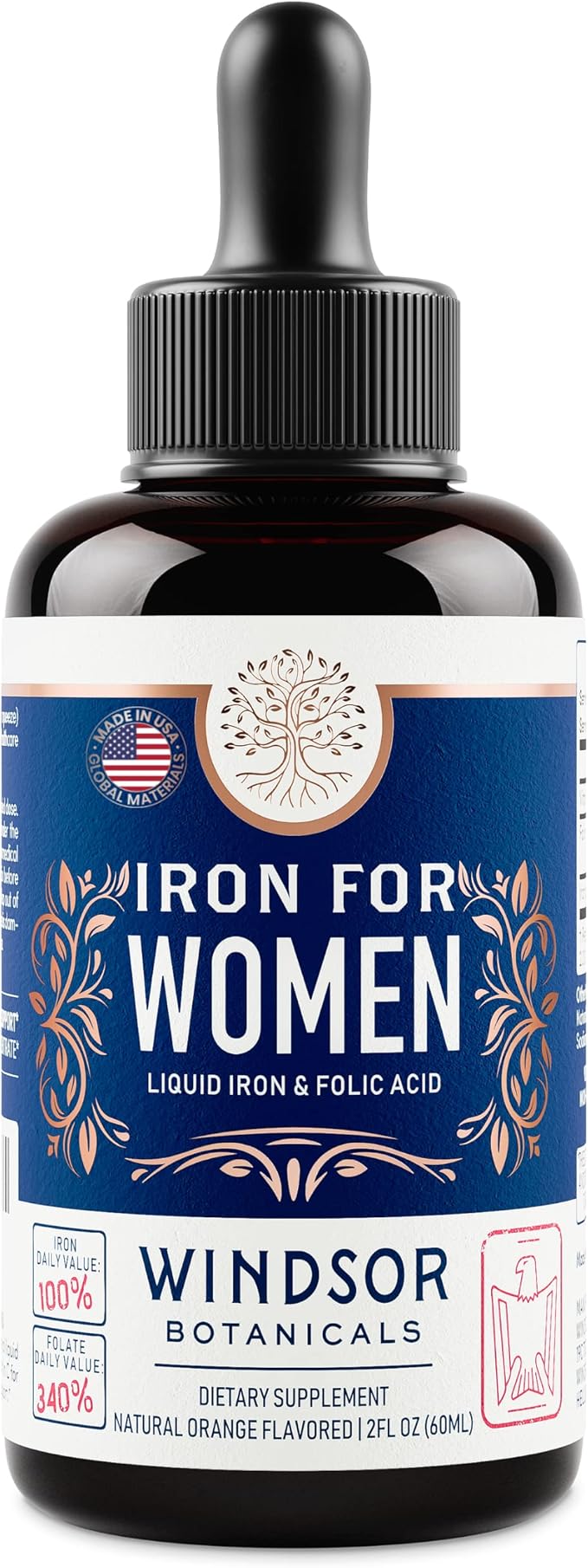 WINDSOR BOTANICALS Liquid Iron Supplements for Anemia - Folic Acid, Vitamin C, Vegan Blood Builder and Anemia Supplement - 2 oz Orange Flavor Gentle Iron Drops for Women