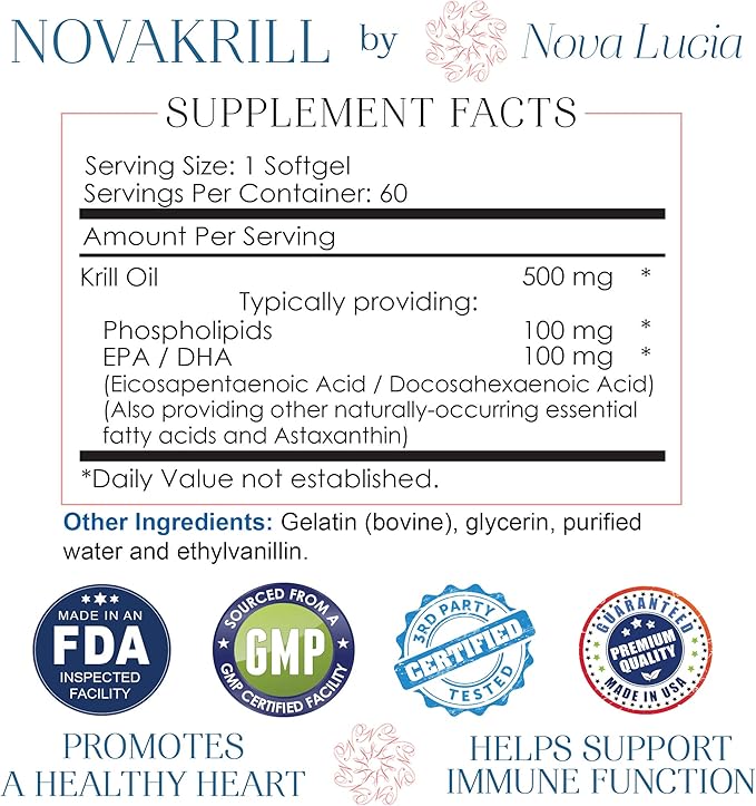 Natural Krill Oil Omega 3 6 9 Supplement, Burpless 60 Red Liquid Softgels, Rich in EPA, DHA, Astaxanthin, No Fishy Aftertaste, 1000mg per 2 Softgels