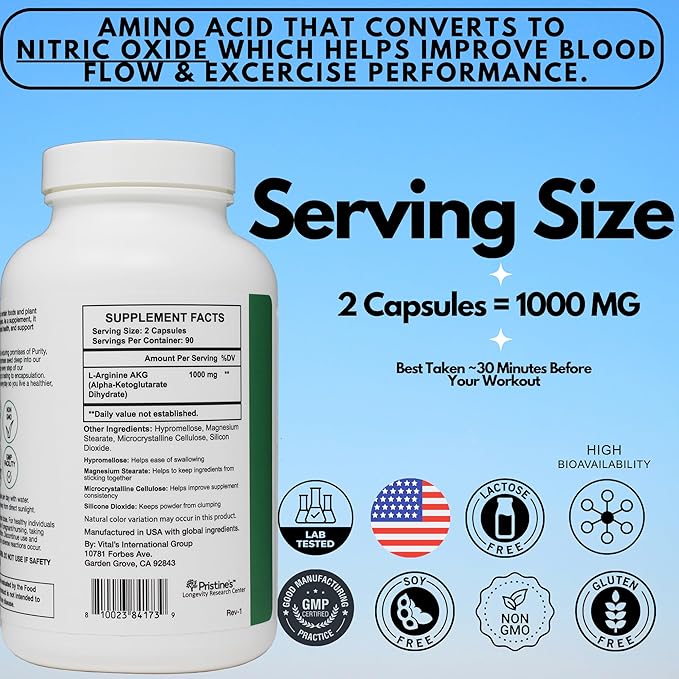 PRISTINE'S L Arginine Supplements for Men & Women - 1000mg Capsules 90 Day Supply Nitric Oxide & Pre Workout Amino Acid Support