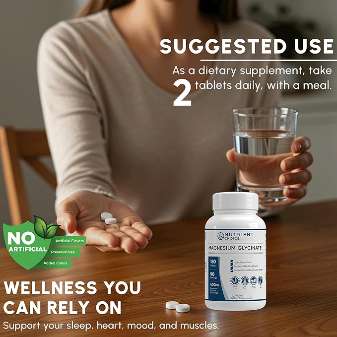400 mg Pure Magnesium Glycinate 180 Tablets Non Buffered High Absorption Non-GMO Promotes Cardiovascular Health Supplement for Stress Relief, Sleep, Heart Health, Ease Muscles, Calm Headaches, Nerves