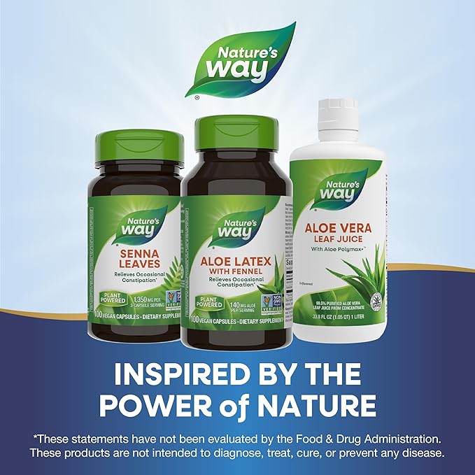 Nature's Way Aloe Latex with Fennel, For Occasional Constipation*, Non-GMO Project Verified, Gluten free, 100 Vegan Capsules (Packaging May Vary)