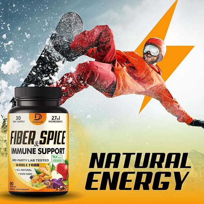 27in1 Fiber and Spice Supplement - Combined with Organic Psyllium, Whole Apple, Elderberry & More - Support Mood, Body & Immunity - 90 Capsules for 1 Month