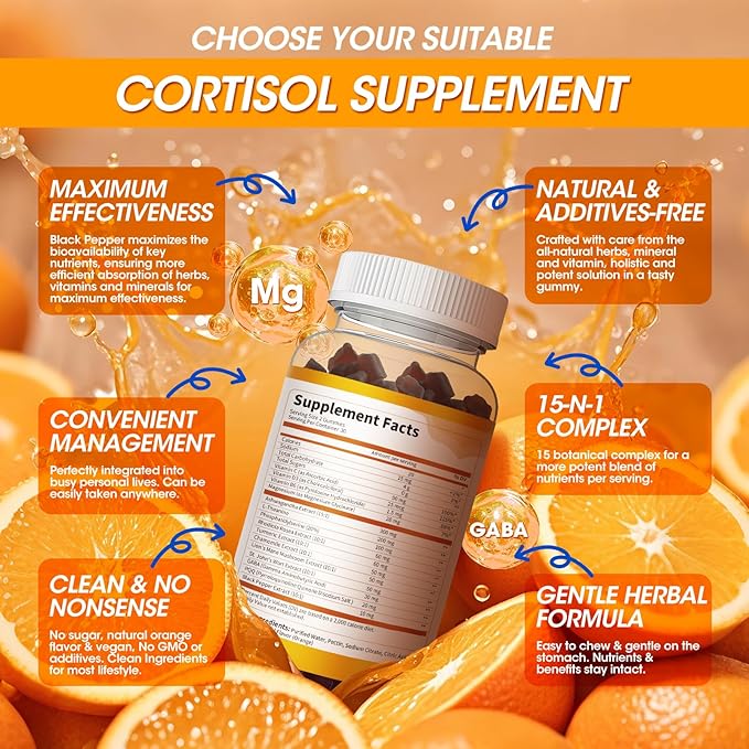Cortisol Supplements for Women & Men, 15-in-1 Calm Cortisol Gummies with Ashwagandha, Magnesium, L-theanine, GABA, Phosphatidylserine, Vitamin C, D3, B6 for Mood, Sleep, Focus Support - Vegan, 2 Pack