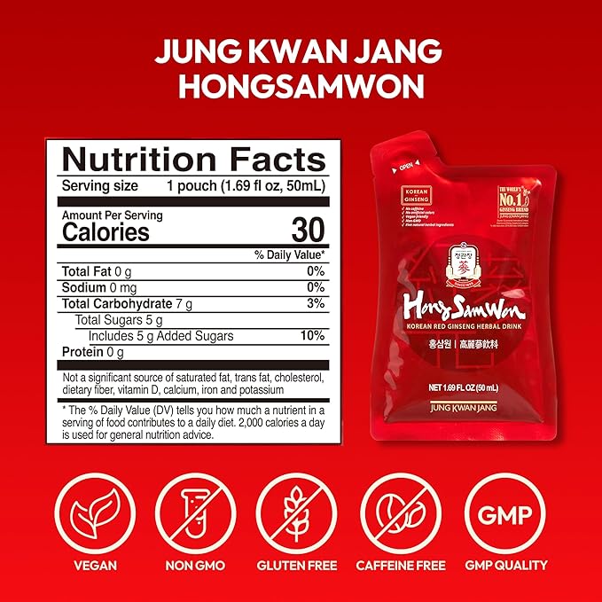 HongSamWon - Korean Red Ginseng Tea, Pre and Post Workout Herbal Energy Drink with Jujube, Cinnamon Ginger & Goji Berry - Caffeine Free, Non-GMO (60 Pouches, 1.69 fl oz)