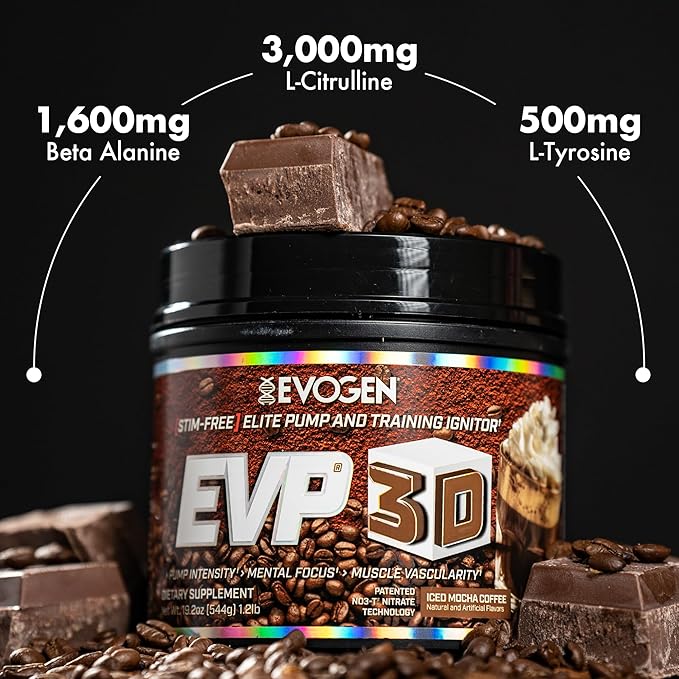 Evogen EVP 3D - Stim Free Pre Workout Powder for Men & Women | Sugar Free Non Stim Preworkout with Beta Alanine and Creatine for Energy & Pump | Iced Mocha Coffee | 40 Servings