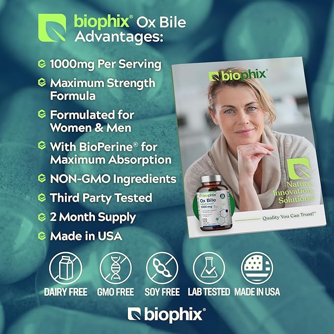 biophix Ox Bile 1000 mg with BioPerine 120 Veggie Capsules - High Absorption Digestive Enzymes Supplement - Liver Metabolic GI Fat Metabolism Support