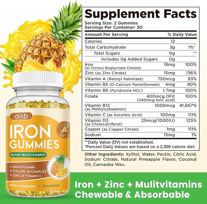 Iron Gummies with Multivitamin, Iron Supplement for Women & Men with Zinc, Vitamin B Complex & C, B12, Folate - Blood Builder & Energy Support for Adults & Kids - Pineapple Flavor, Vegan 60 Gummies