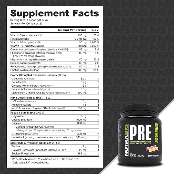 NutraBio PRE Workout Powder - Old Formula- Sustained Energy, Mental Focus, Endurance - Beta Alanine, Creatine, Caffeine, Electrolytes - 20 Servings - Raspberry Lemonade