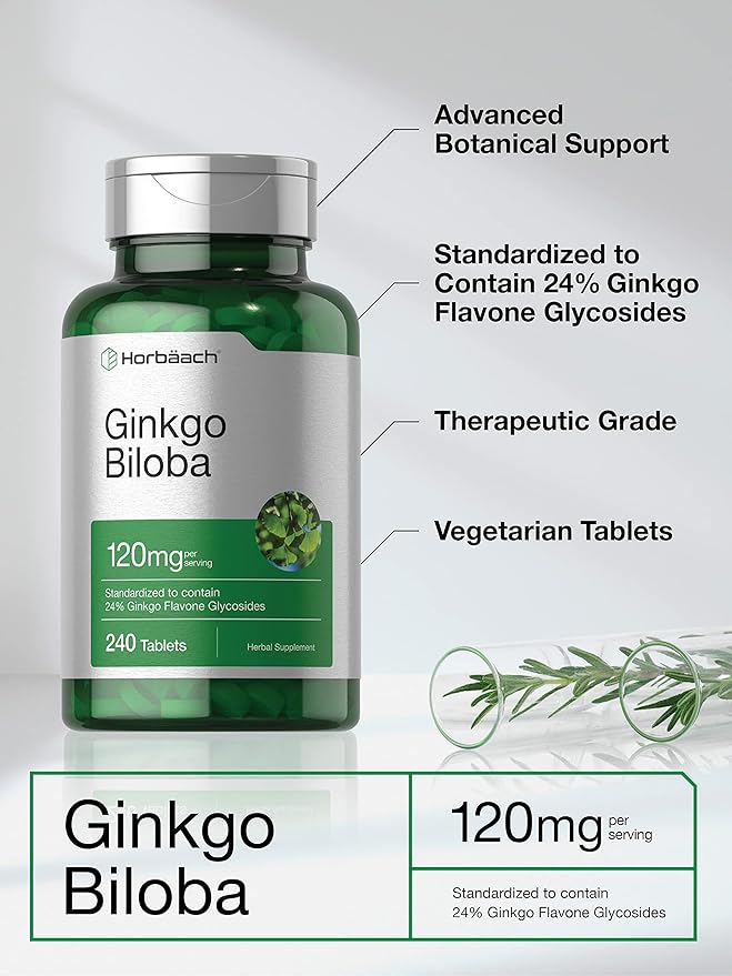 Horbäach Ginkgo Biloba Supplement | 120mg | 240 Tablets | Standardized Herbal Extract | Flavone Glycosides | Vegetarian, Non-GMO, and Gluten Free