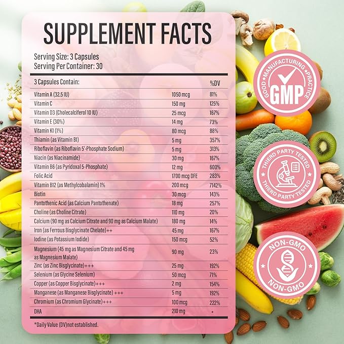Prenatal Vitamins for Women multivitamin with Folic Acid DHA Choline for Pregnant and Breastfeeding Women Niacinamide Biotin and Minerals 27 in 1 Needed Supplement 90 Capsules-30 Servings-Yellow