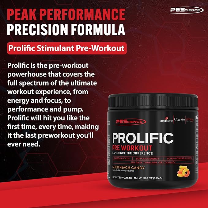 PEScience Pre Workout Stack – Prolific & High Volume, Sour Peach Candy, Nitric Oxide Booster – 40 & 36 Scoops, L Arginine Nitrate, L Citrulline, Pre Workout Powder for Men & Women
