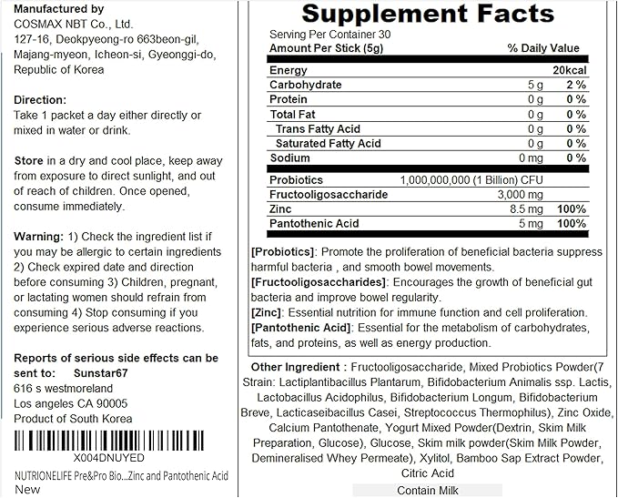 Pre&Pro Biotics, 1Billion CFU, Powder Type Korea Probiotics, Multi-Strain Probiotic Blend, Supports Digestive Wellness, Contains Zinc and Pantothenic Acid
