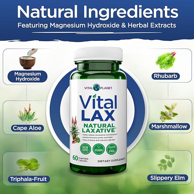 Vital Planet - Vital Lax Natural Laxative Cleanse Supplement for Occasional Constipation, with Magnesium Hydroxide, Slippery Elm, Aloe, and Triphala to Support Bowel Regularity 60 Capsules