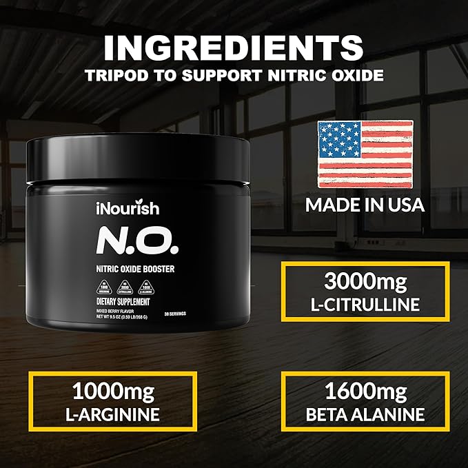 UpNourish Nitric Oxide Booster - L arginine L Citrulline Supplements for Men & Women with Beta Alanine - Support Energy, Circulation, Blood Pressure and Flow, Mixed Berry Flavor 30 Servings
