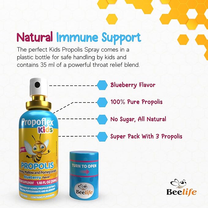 Beelife Bee Propolis Extract, Propolis Throat Spray for Kids – Propolis, Honey, Mallow, Pomegranate - Natural Immune Support & Sore Throat Relief, No Sugar - Blueberry Flavor - (35ml/ 3-Pack)