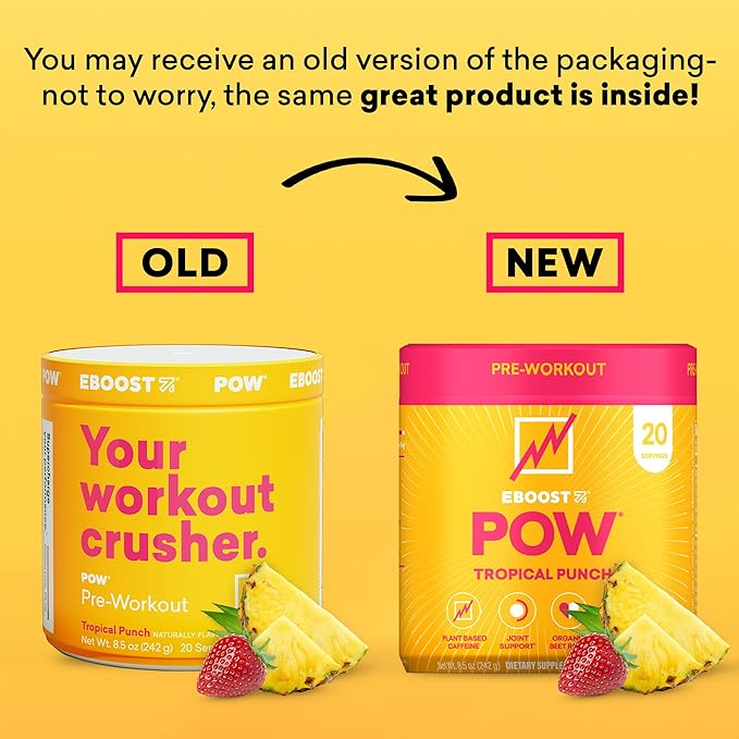 EBOOST POW Natural Pre Workout Powder – 20 Servings - Tropical Punch - A Pre Workout Supplement for Performance, Joint Mobility Support, Energy, Focus - Men & Women - Non-GMO, Gluten-Free, No Creatine