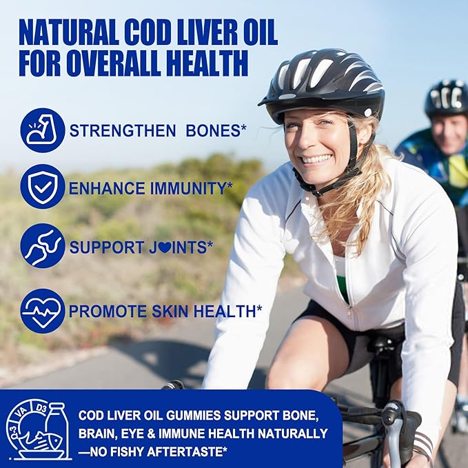 (Made in USA) Cod Liver Oil 1000mg Gummies for Adults & Kids, with Vitamin A & D3 - Omega 3 Fish Oil Alternative - DHA 360mg & EPA 240mg for Brain, Bone, Eye & Immune Health, Sugar Free, 120 Cts