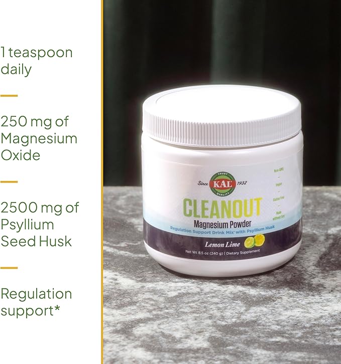 KAL Cleanout Magnesium Plus Psyllium Husk Powder - Lemon Lime - Magnesium Oxide with Fiber Supplement - Regulation Support Drink Mix - No Sugar - 60-Day Guarantee, 40 Servings, 8.5 OZ